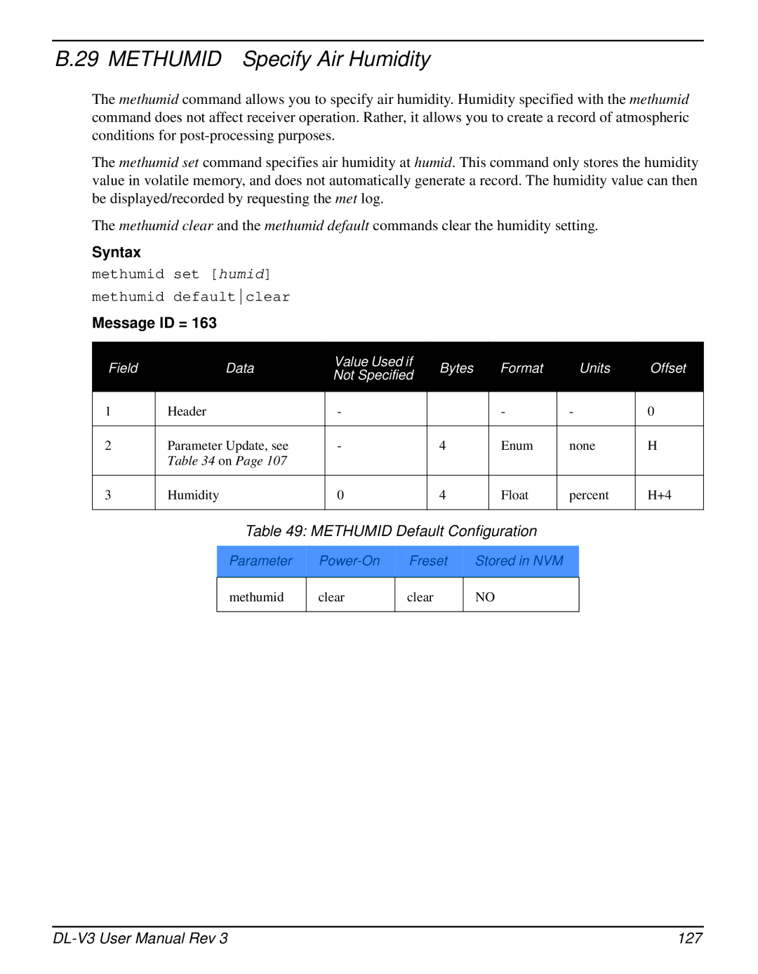 Novatel DL-V3 user manual Methumid Specify Air Humidity, Methumid Default Configuration 