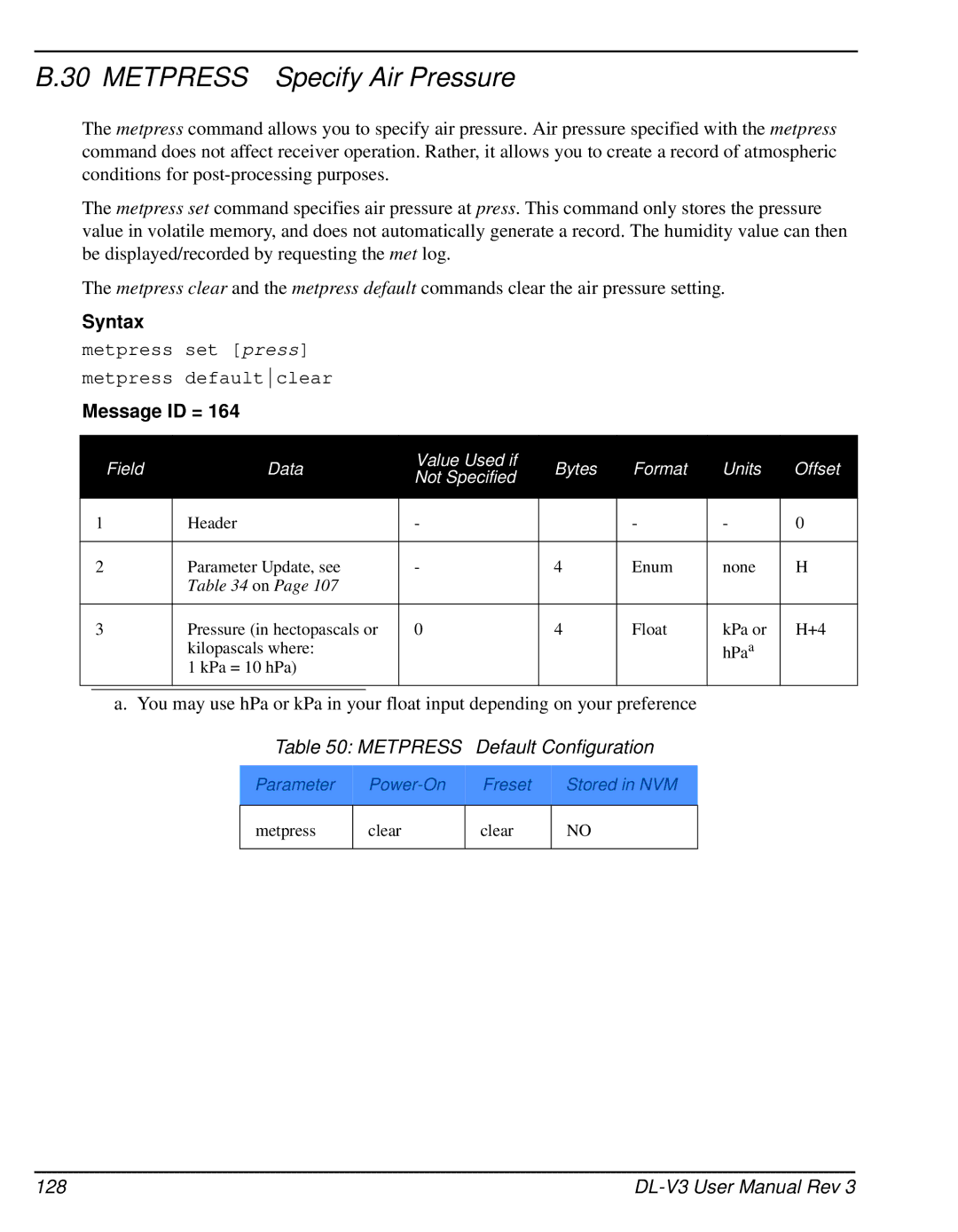 Novatel DL-V3 user manual Metpress Specify Air Pressure, Metpress Default Configuration 