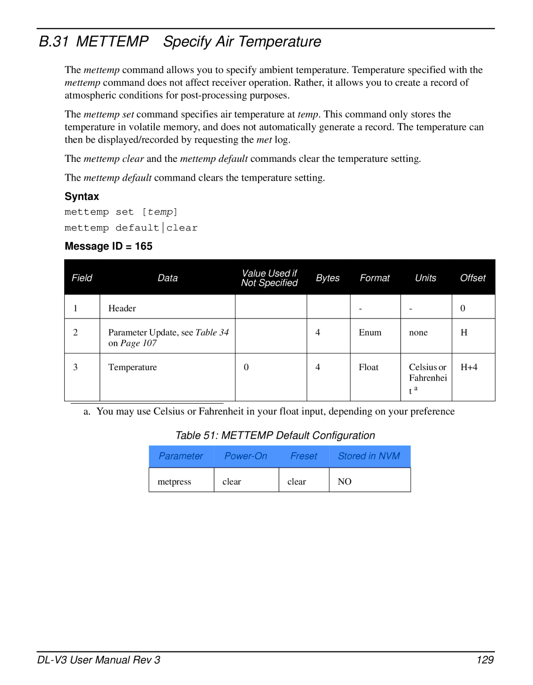 Novatel DL-V3 user manual Mettemp Specify Air Temperature, Mettemp Default Configuration 