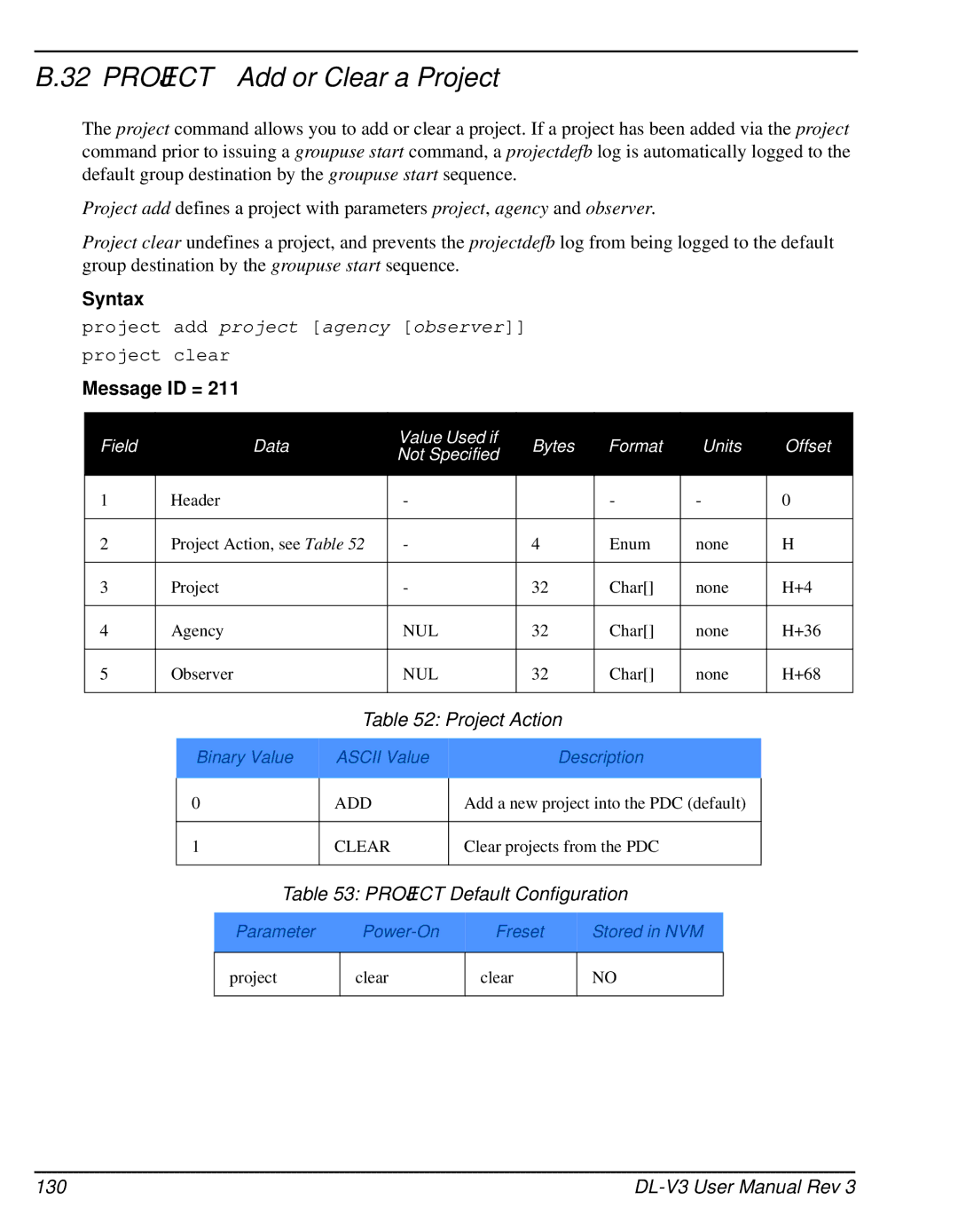 Novatel DL-V3 user manual Project Add or Clear a Project, Project Action, Project Default Configuration 