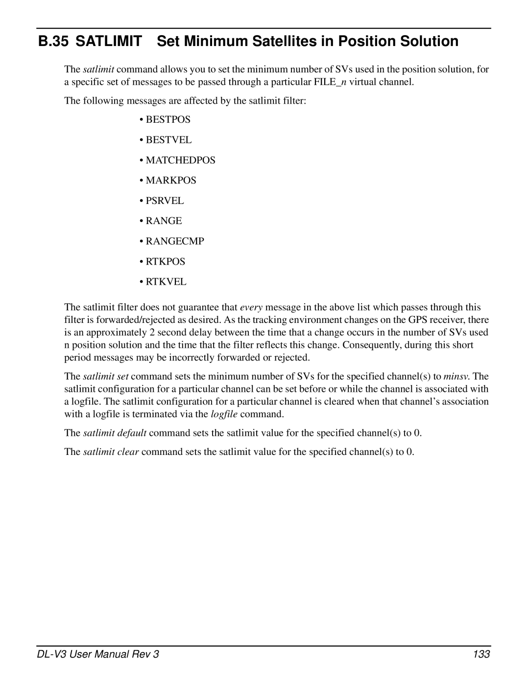 Novatel DL-V3 user manual Satlimit Set Minimum Satellites in Position Solution, 133 