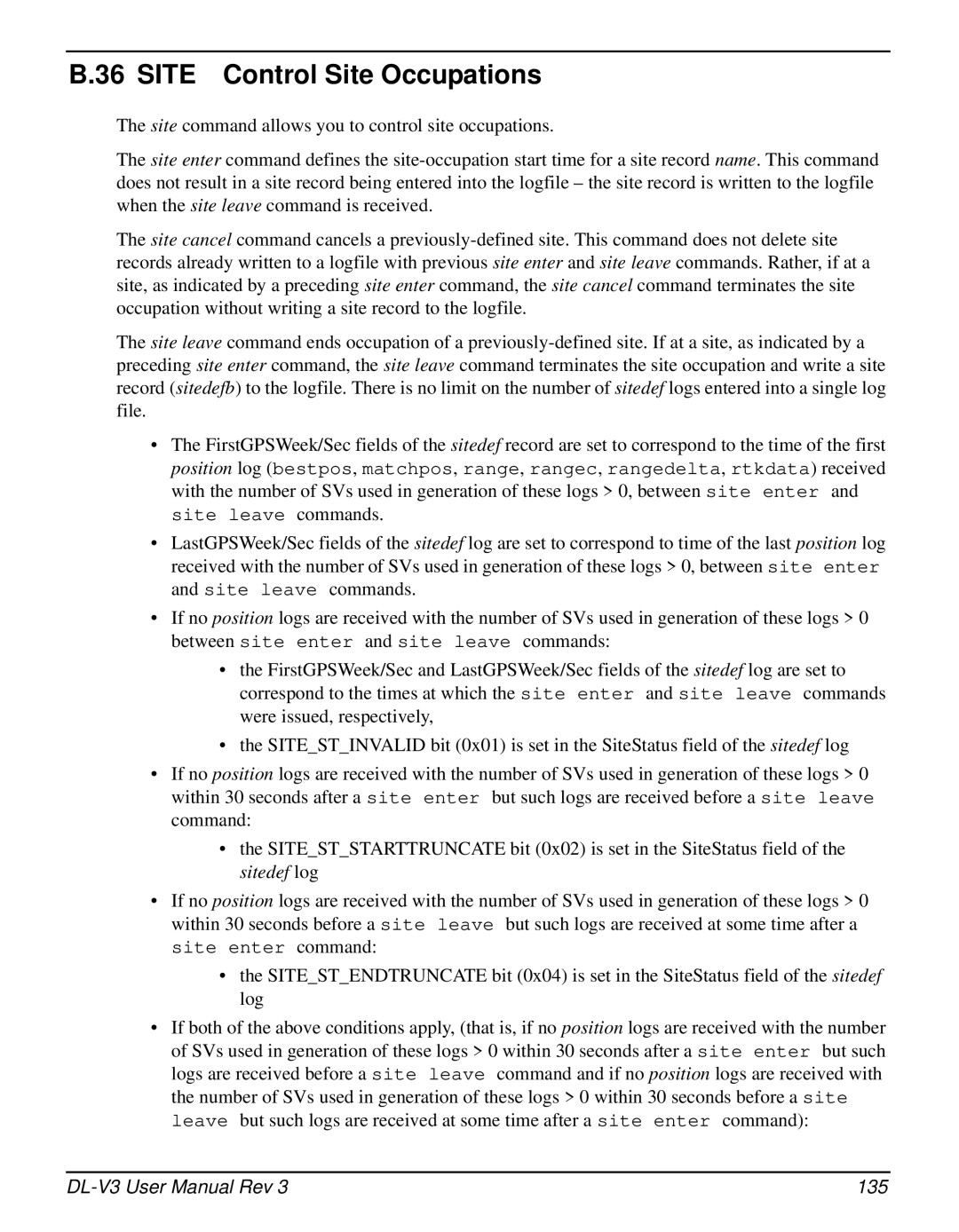 Novatel DL-V3 user manual Site Control Site Occupations, 135 