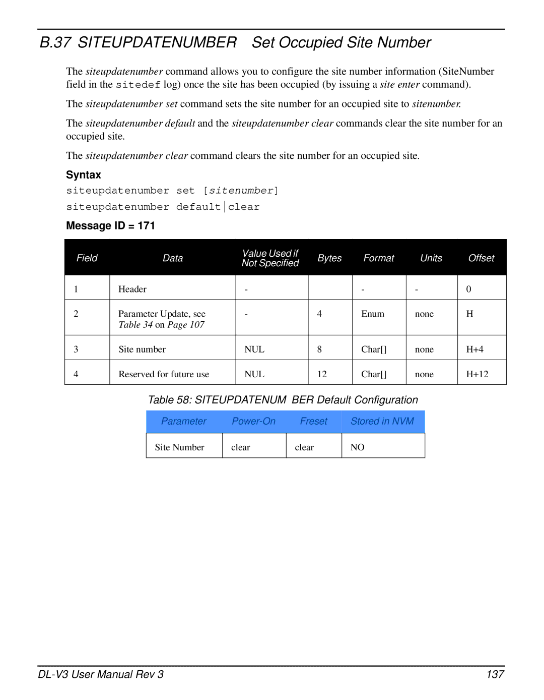 Novatel DL-V3 user manual Siteupdatenumber Set Occupied Site Number, Siteupdatenumber Default Configuration 