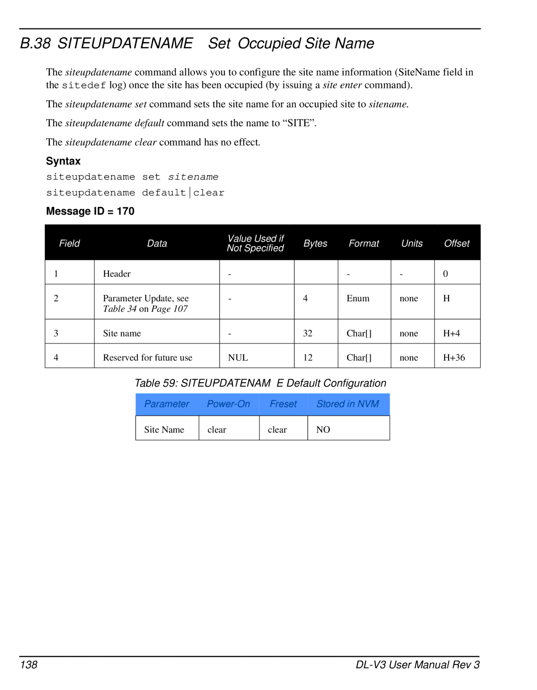 Novatel DL-V3 user manual Siteupdatename Set Occupied Site Name, Siteupdatename Default Configuration 