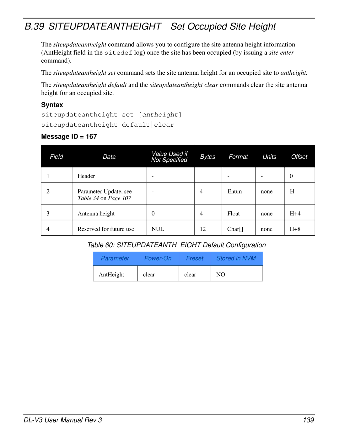 Novatel DL-V3 user manual Siteupdateantheight Set Occupied Site Height, Siteupdateantheight Default Configuration 