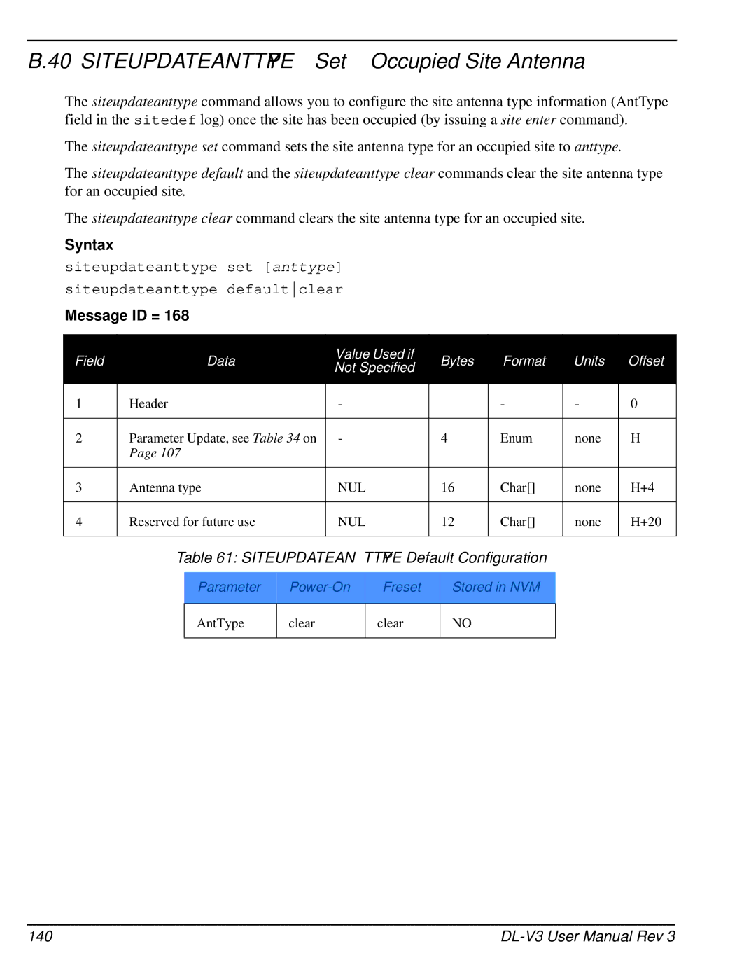 Novatel DL-V3 user manual Siteupdateanttype Set Occupied Site Antenna, Siteupdateanttype Default Configuration 