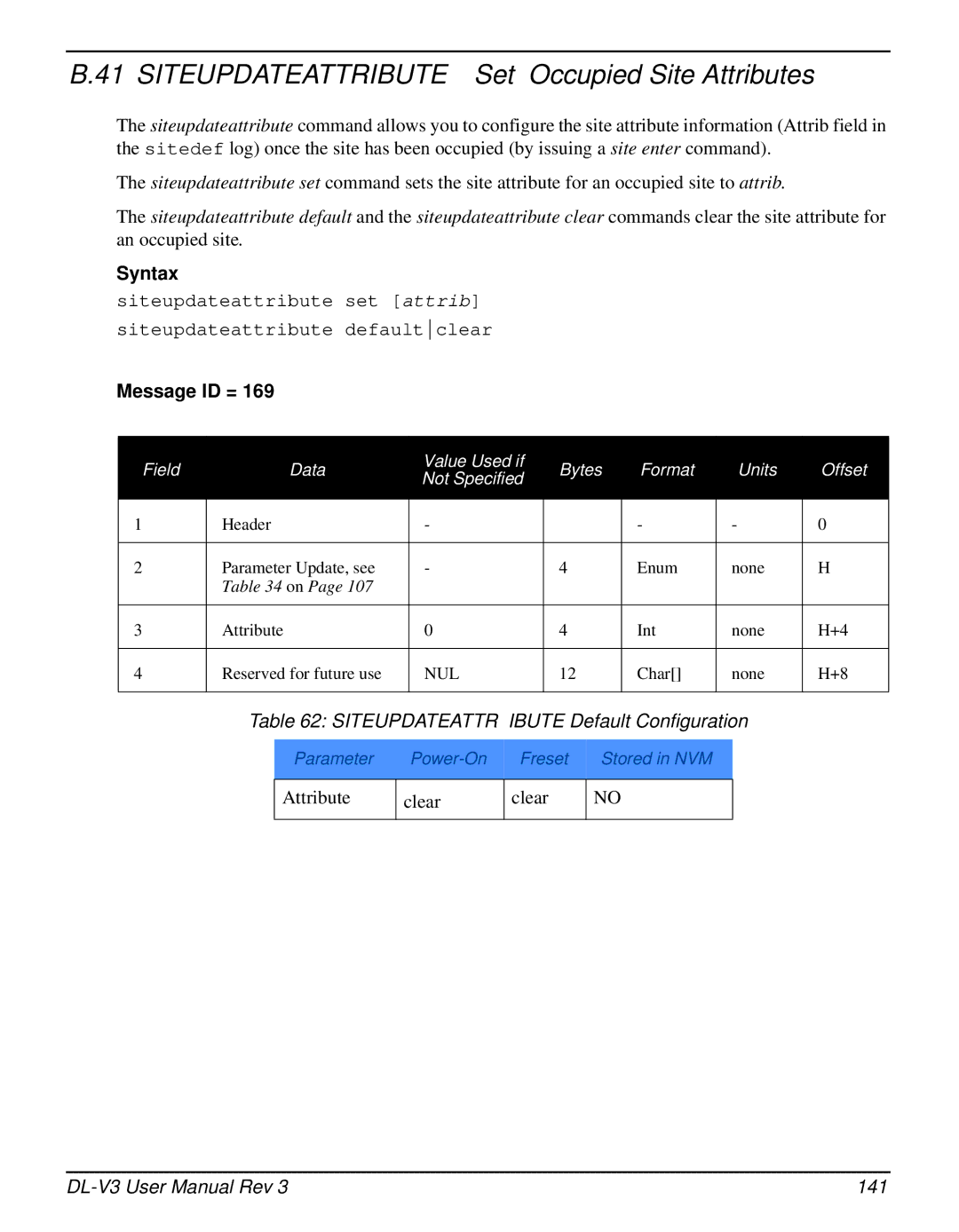 Novatel DL-V3 user manual Siteupdateattribute Set Occupied Site Attributes, Siteupdateattribute Default Configuration 