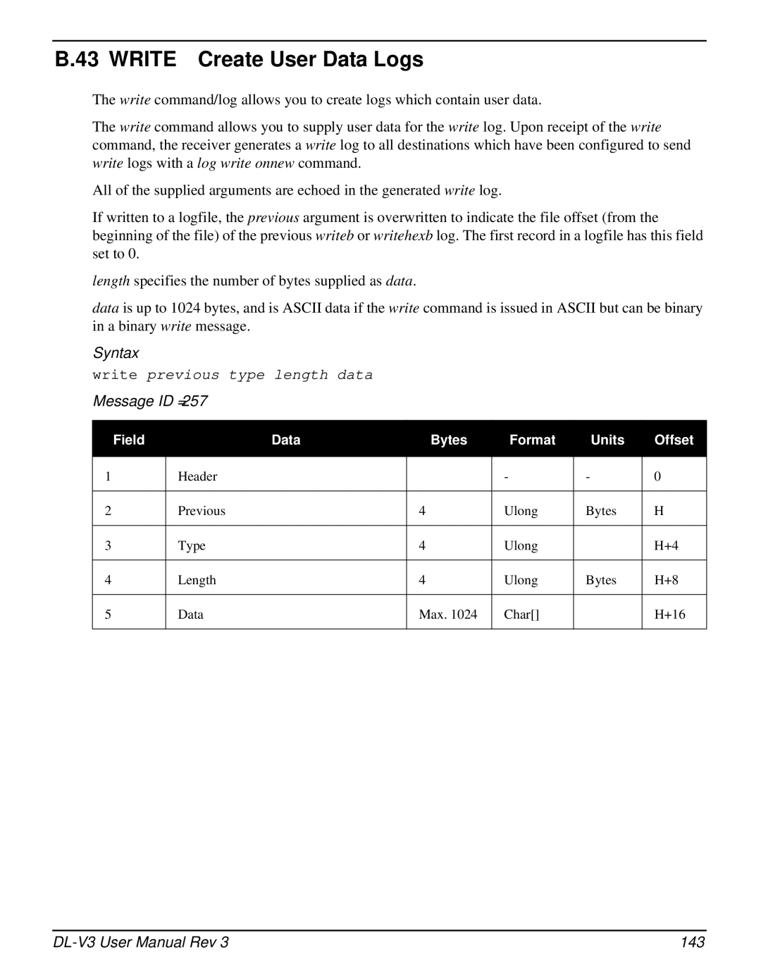 Novatel DL-V3 user manual Write Create User Data Logs, 143 