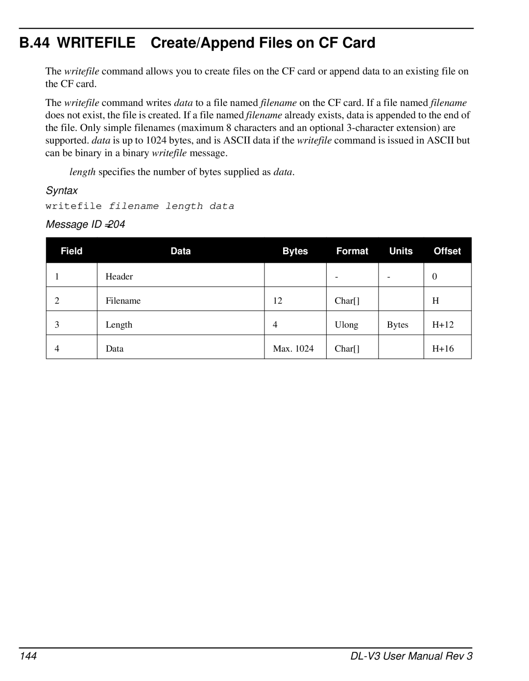 Novatel DL-V3 user manual Writefile Create/Append Files on CF Card, 144 