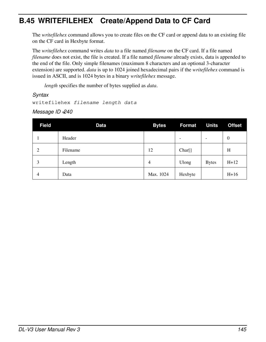 Novatel DL-V3 user manual Writefilehex Create/Append Data to CF Card, 145 