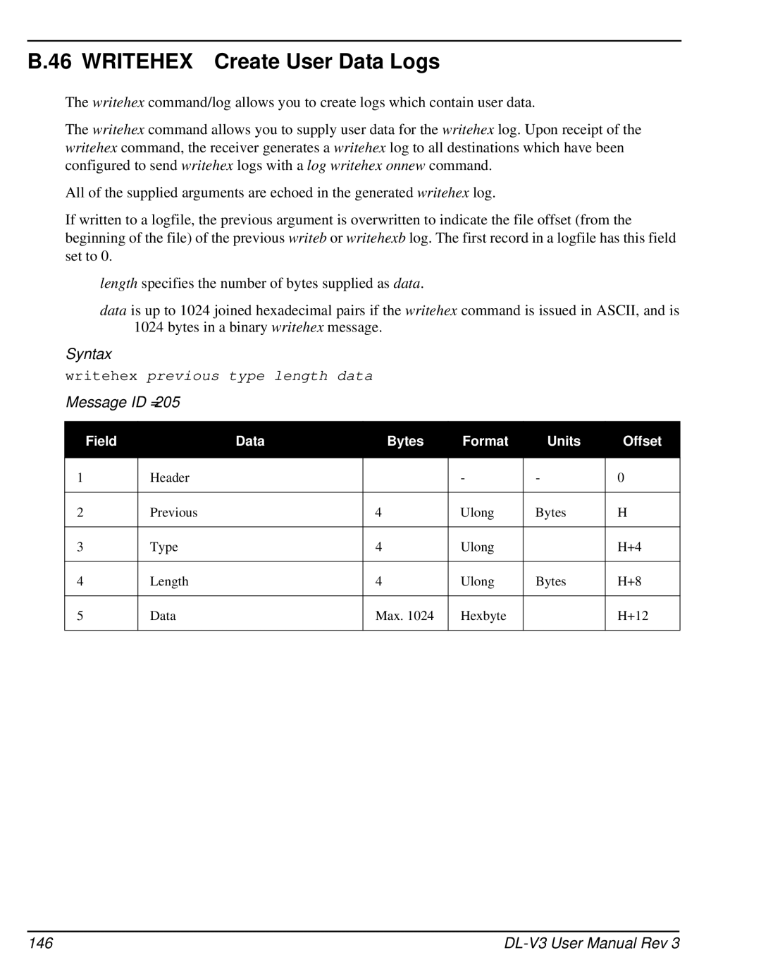 Novatel DL-V3 user manual Writehex Create User Data Logs, 146 