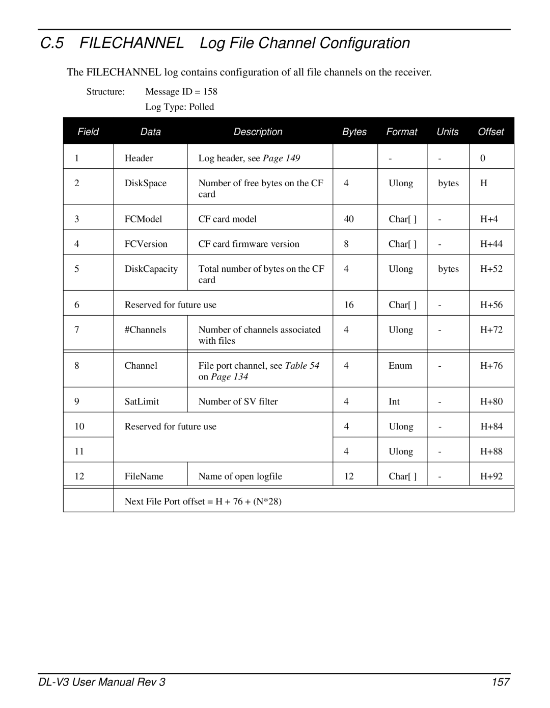 Novatel DL-V3 user manual Filechannel Log File Channel Configuration, 157 