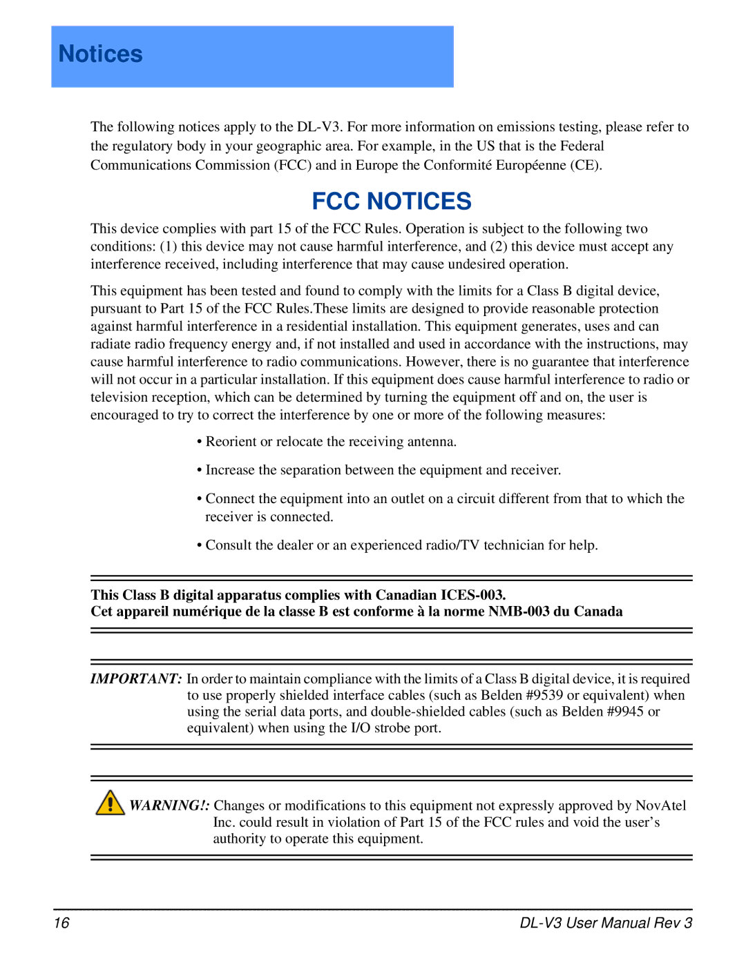 Novatel DL-V3 user manual FCC Notices 