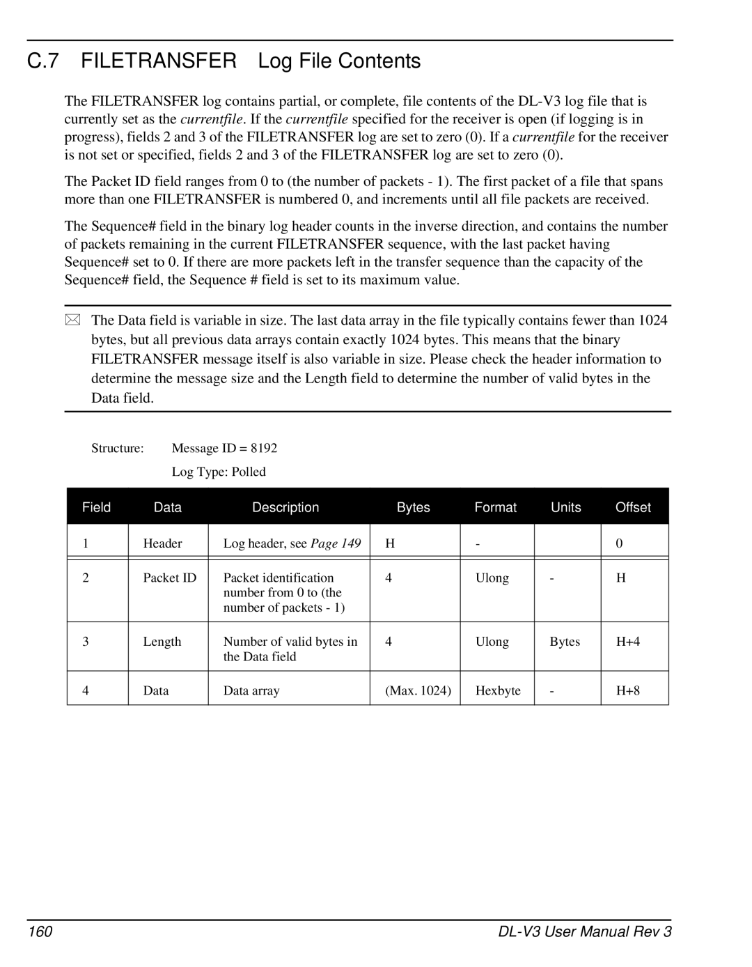 Novatel DL-V3 user manual Filetransfer Log File Contents 