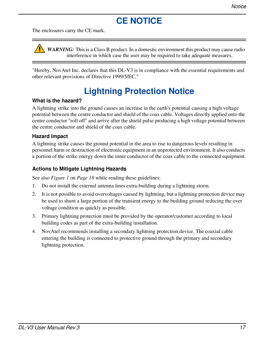 Novatel DL-V3 Lightning Protection Notice, What is the hazard?, Hazard Impact, Actions to Mitigate Lightning Hazards 