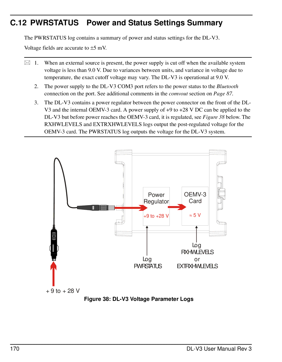 Novatel user manual Pwrstatus Power and Status Settings Summary, DL-V3 Voltage Parameter Logs 