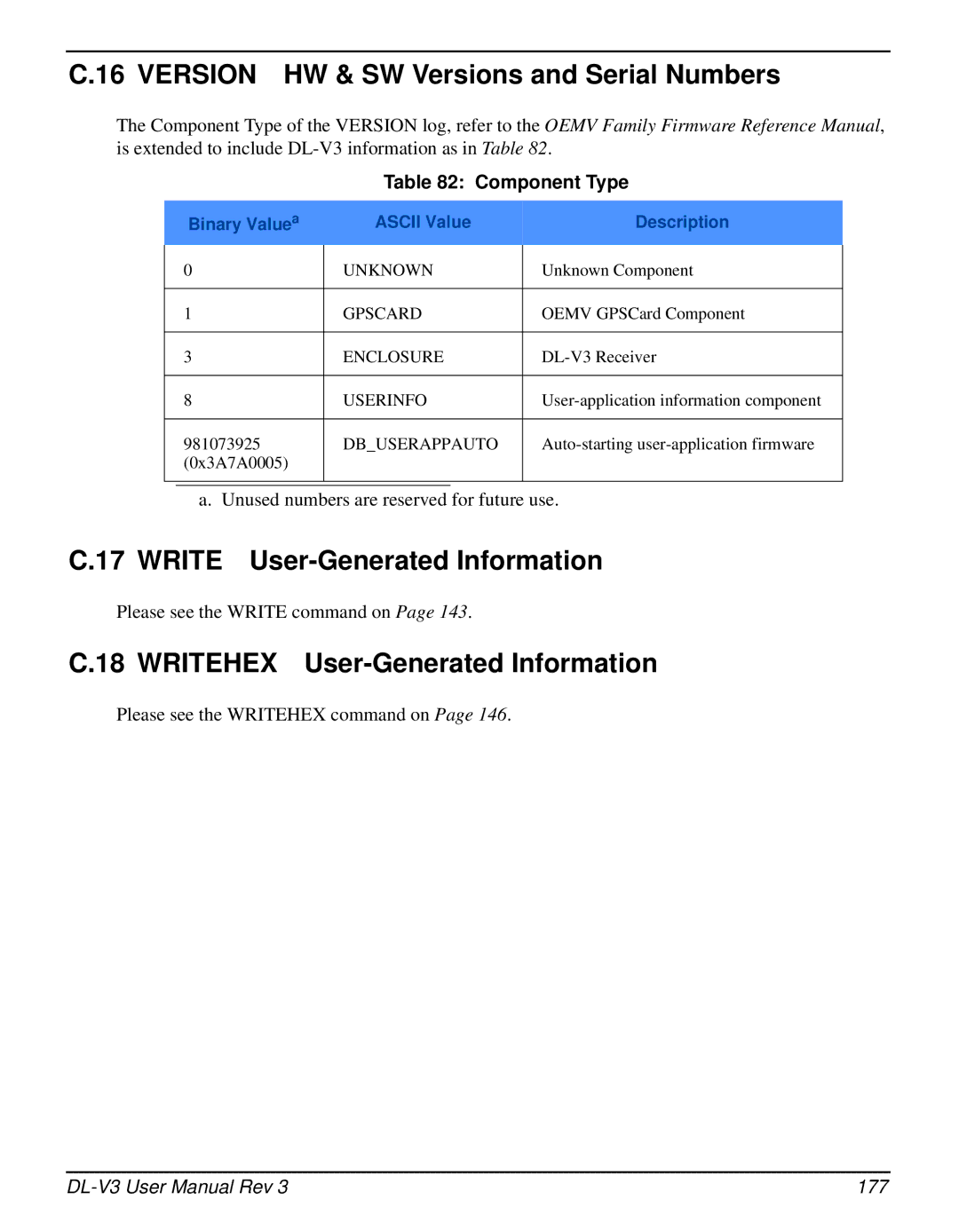 Novatel DL-V3 user manual Version HW & SW Versions and Serial Numbers, Write User-Generated Information, Component Type 