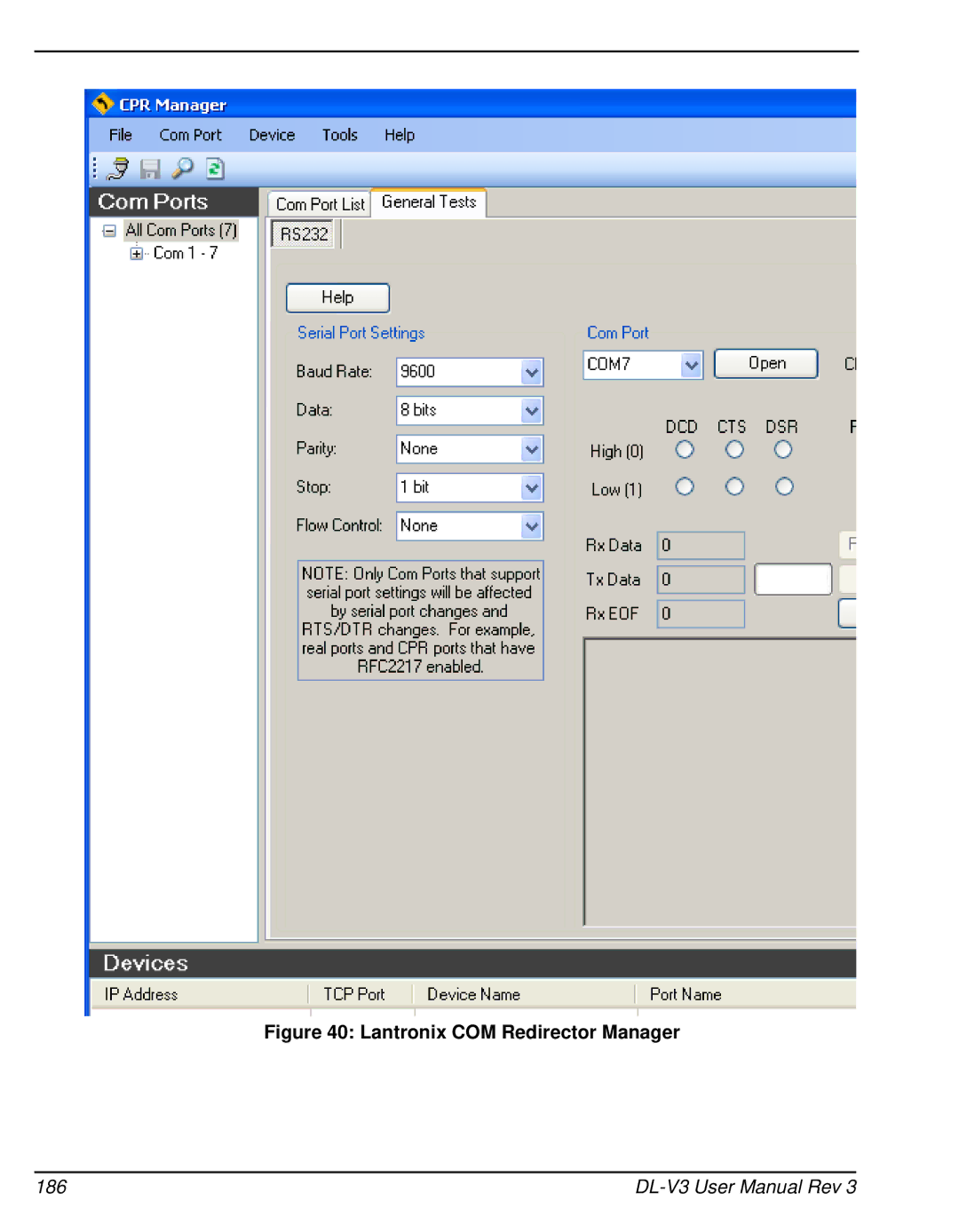 Novatel DL-V3 user manual Lantronix COM Redirector Manager, 186 