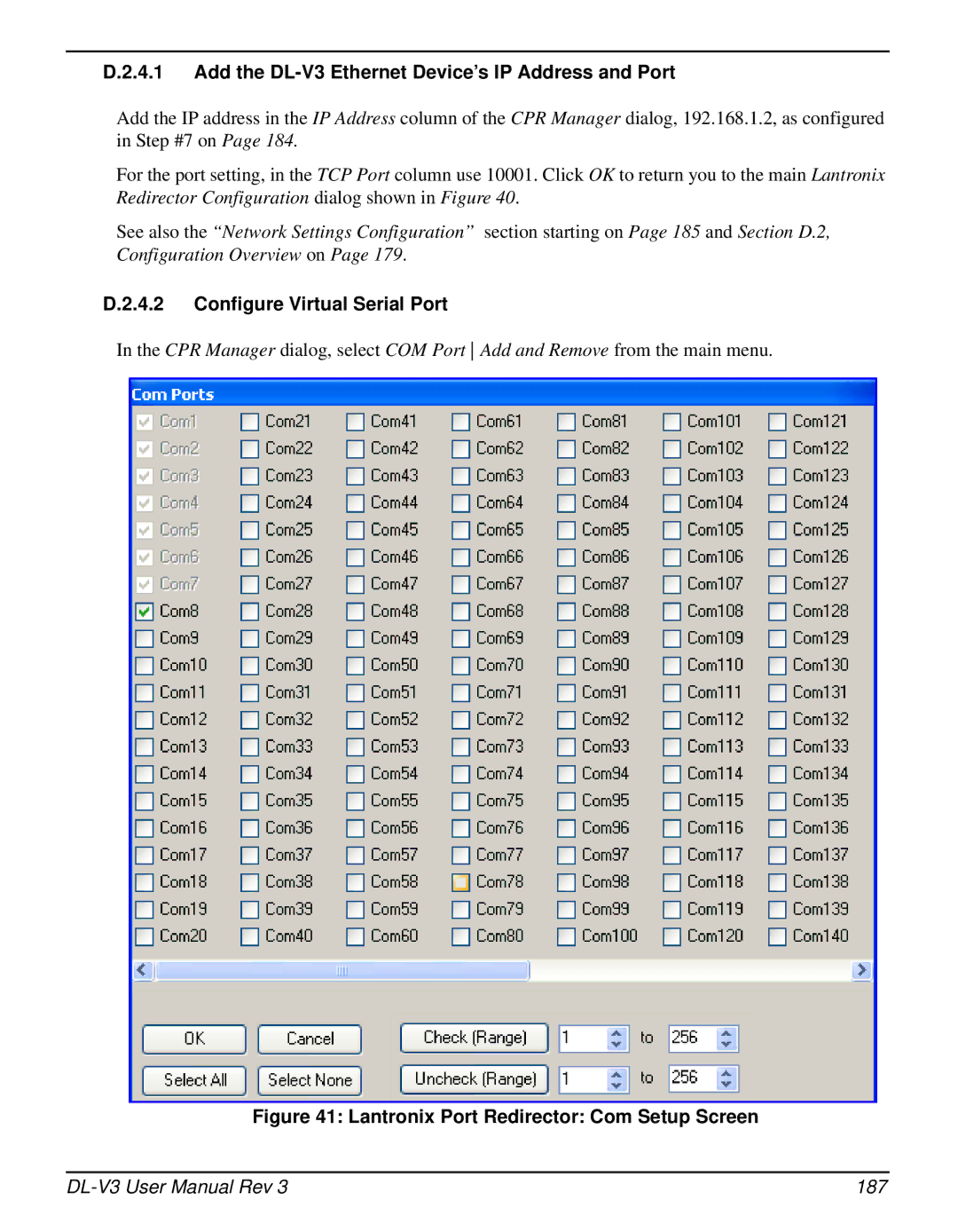 Novatel user manual Add the DL-V3 Ethernet Device’s IP Address and Port, Configure Virtual Serial Port, 187 