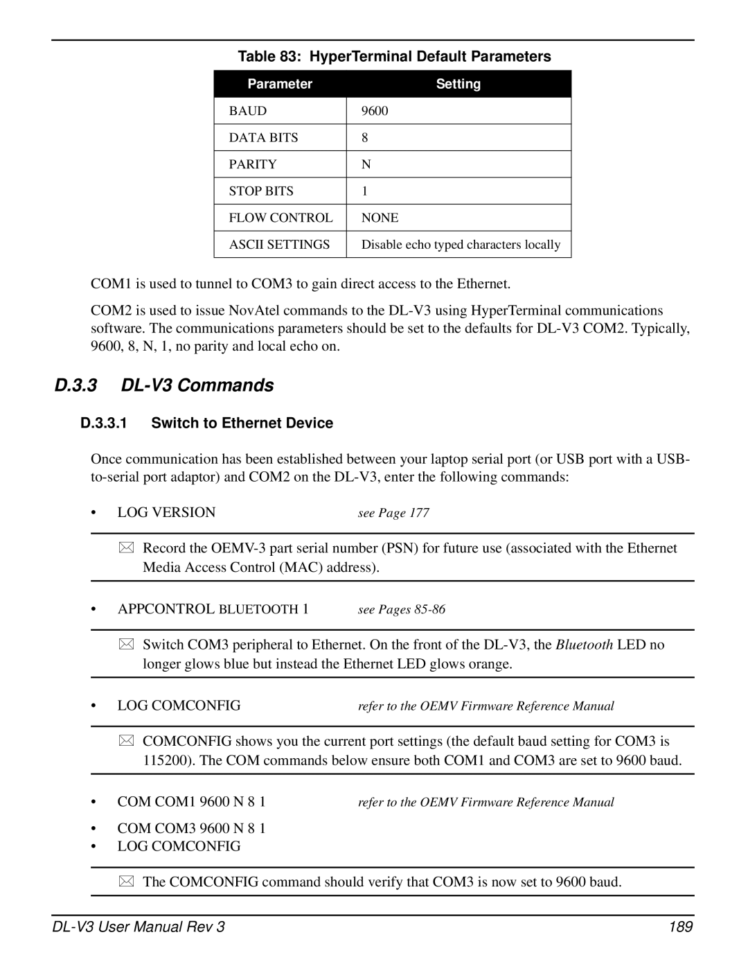 Novatel DL-V3 user manual HyperTerminal Default Parameters, Switch to Ethernet Device 