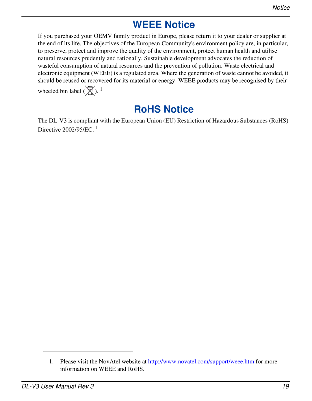 Novatel DL-V3 user manual Weee Notice, RoHS Notice 