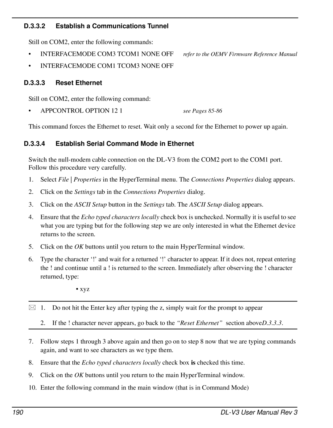 Novatel DL-V3 user manual Establish a Communications Tunnel, Reset Ethernet, Establish Serial Command Mode in Ethernet, 190 