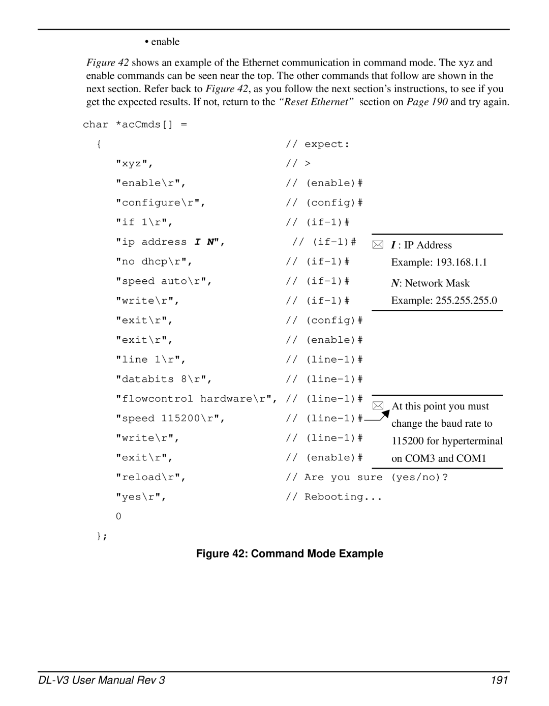 Novatel DL-V3 user manual Command Mode Example, 191 