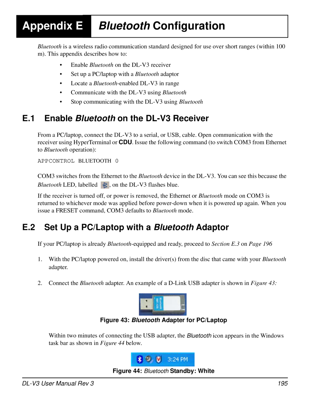 Novatel user manual Enable Bluetooth on the DL-V3 Receiver, Set Up a PC/Laptop with a Bluetooth Adaptor, 195 