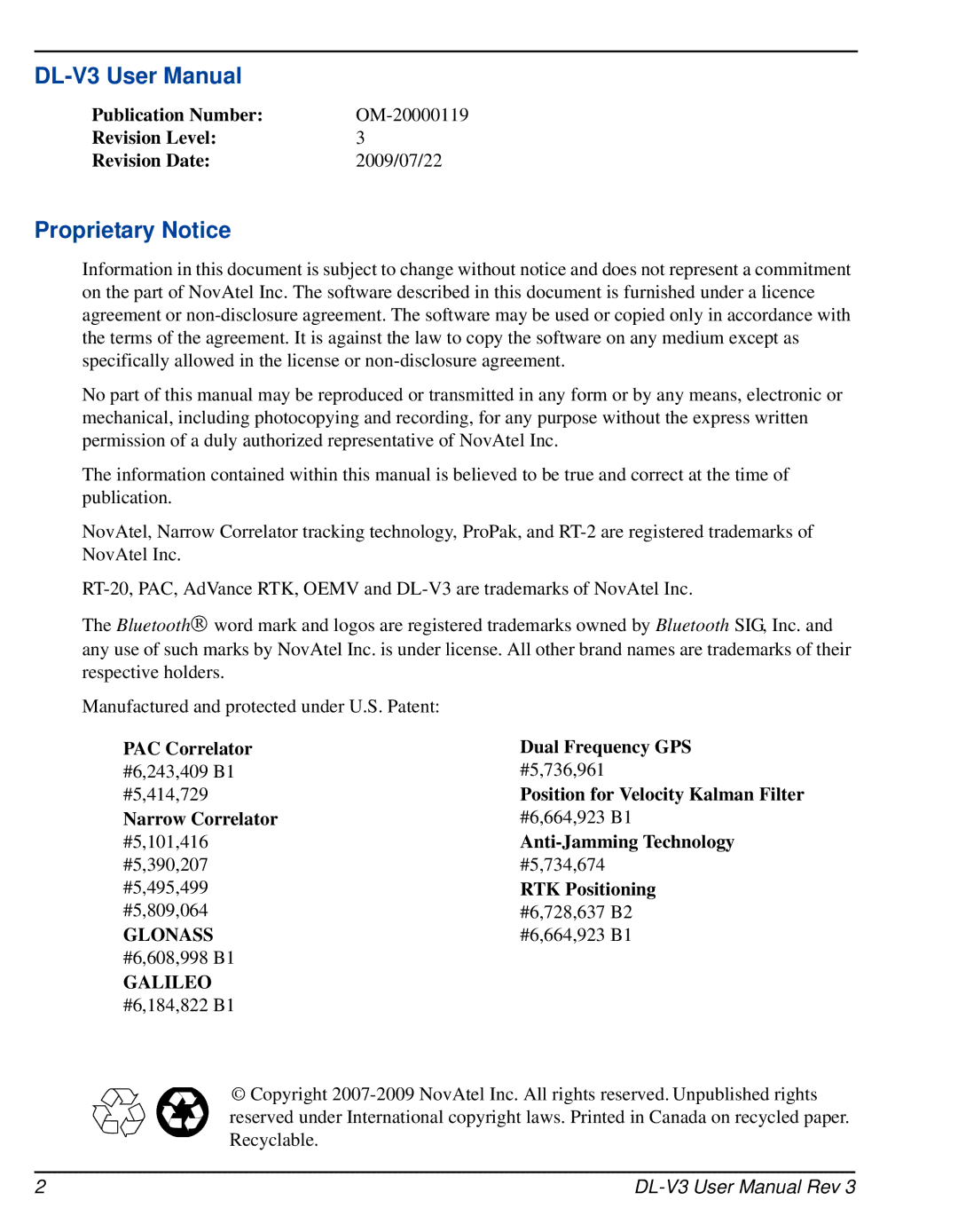 Novatel DL-V3 user manual Proprietary Notice 