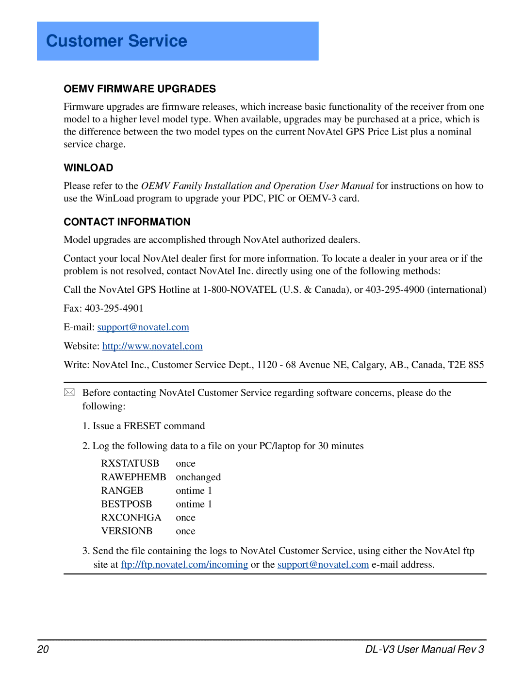 Novatel DL-V3 user manual Customer Service, Oemv Firmware Upgrades 