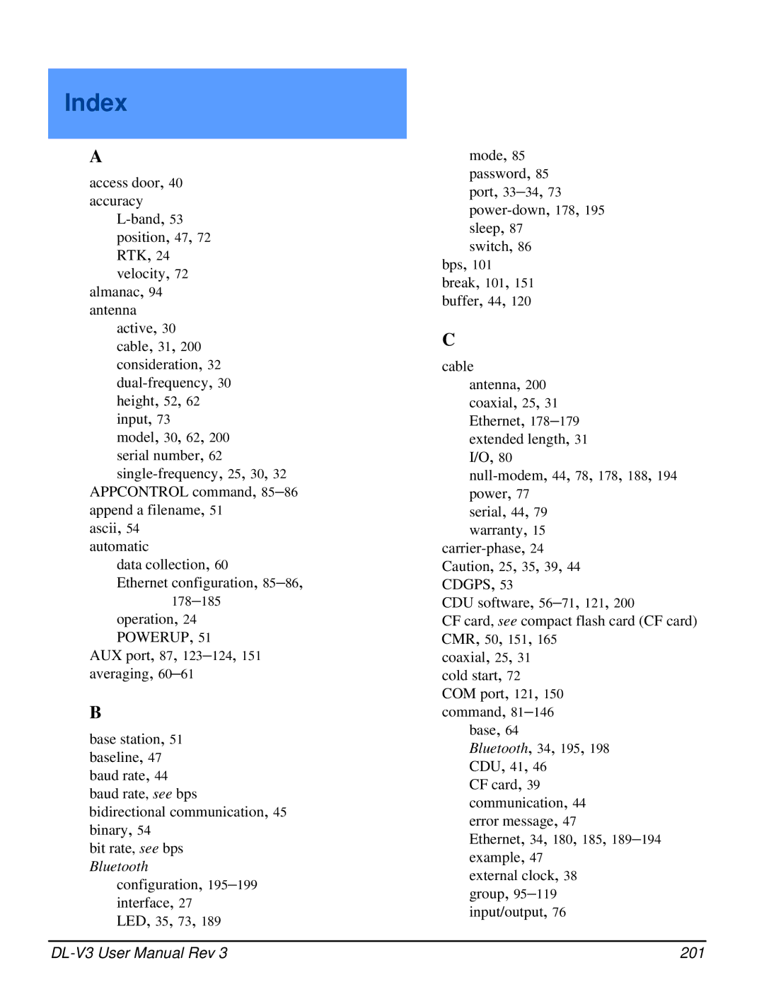 Novatel DL-V3 user manual Index, 201 