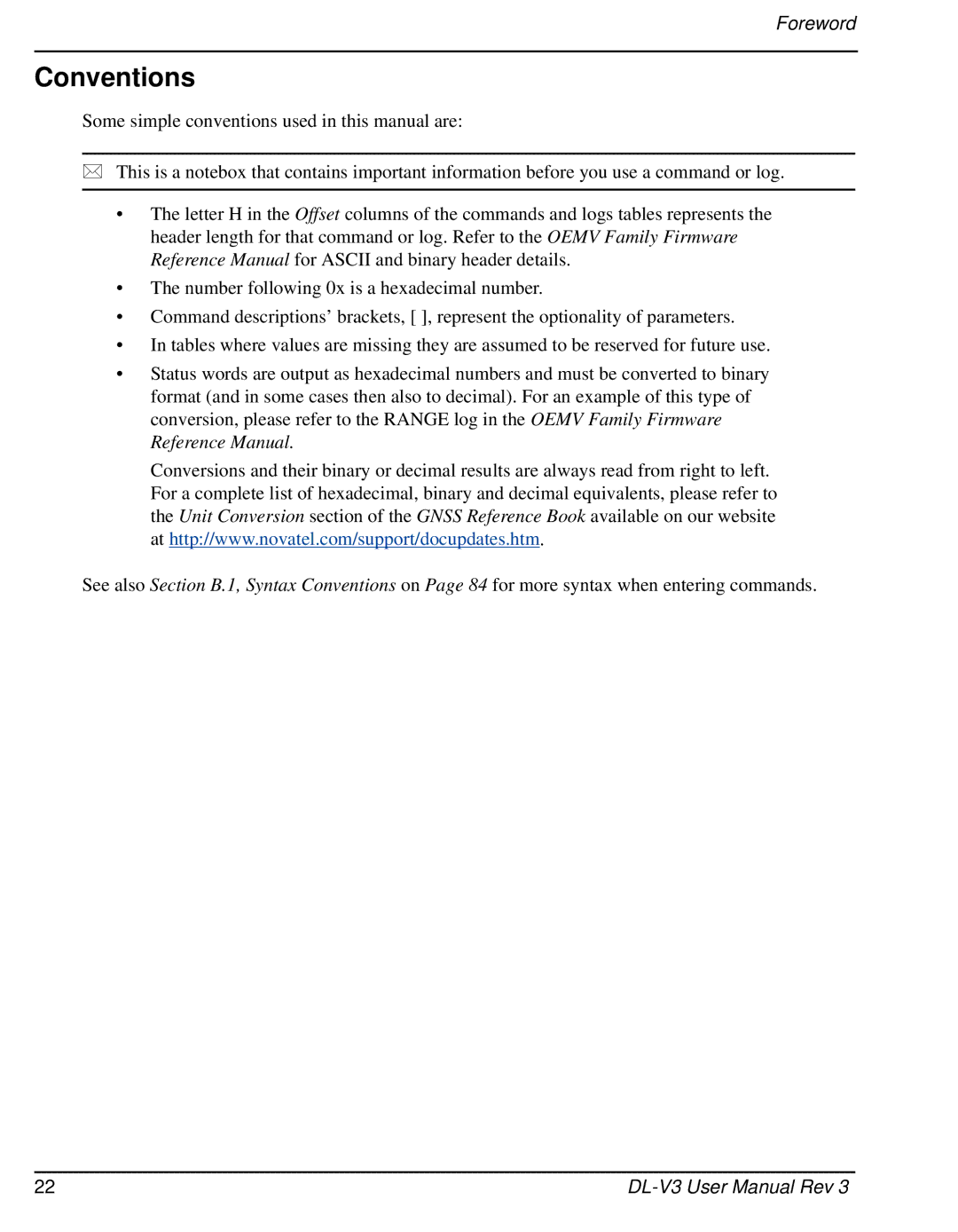 Novatel DL-V3 user manual Conventions, Foreword 