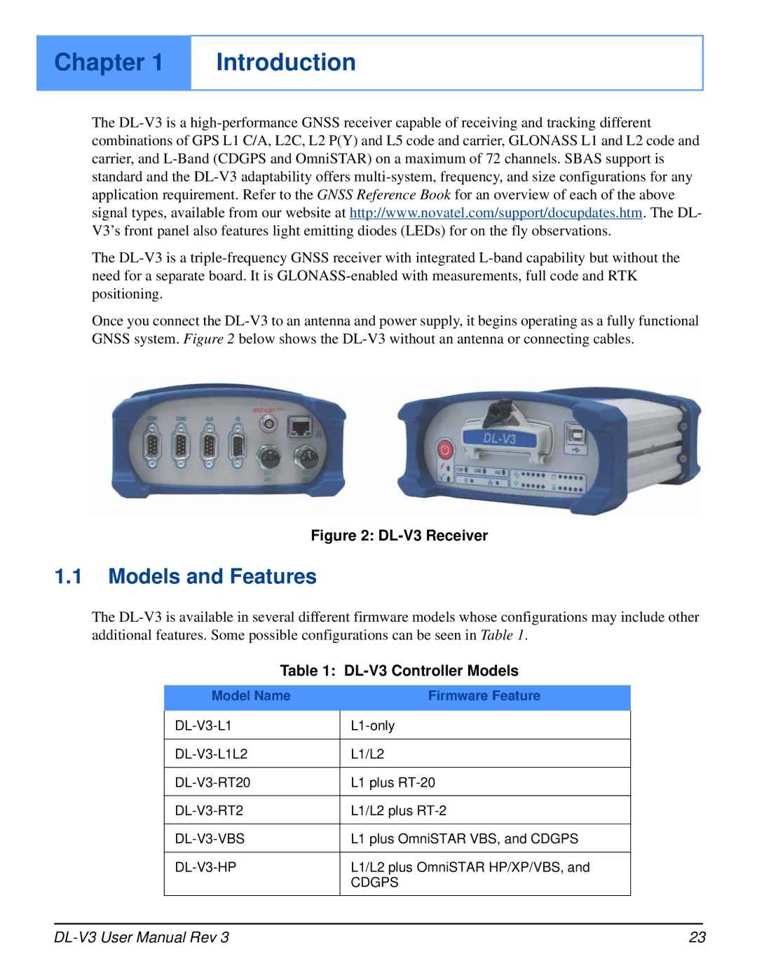 Novatel user manual Chapter Introduction, DL-V3 Controller Models, Model Name Firmware Feature 