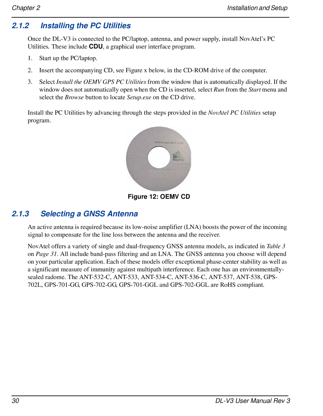 Novatel DL-V3 user manual Installing the PC Utilities, Selecting a Gnss Antenna 