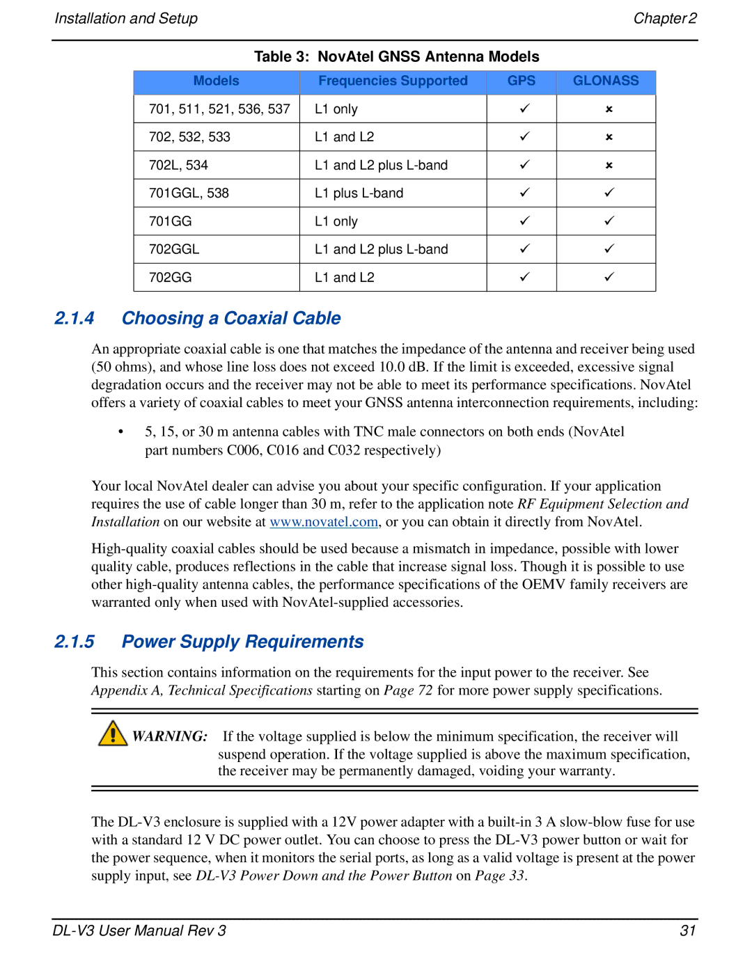 Novatel DL-V3 user manual Choosing a Coaxial Cable, Power Supply Requirements, NovAtel Gnss Antenna Models 