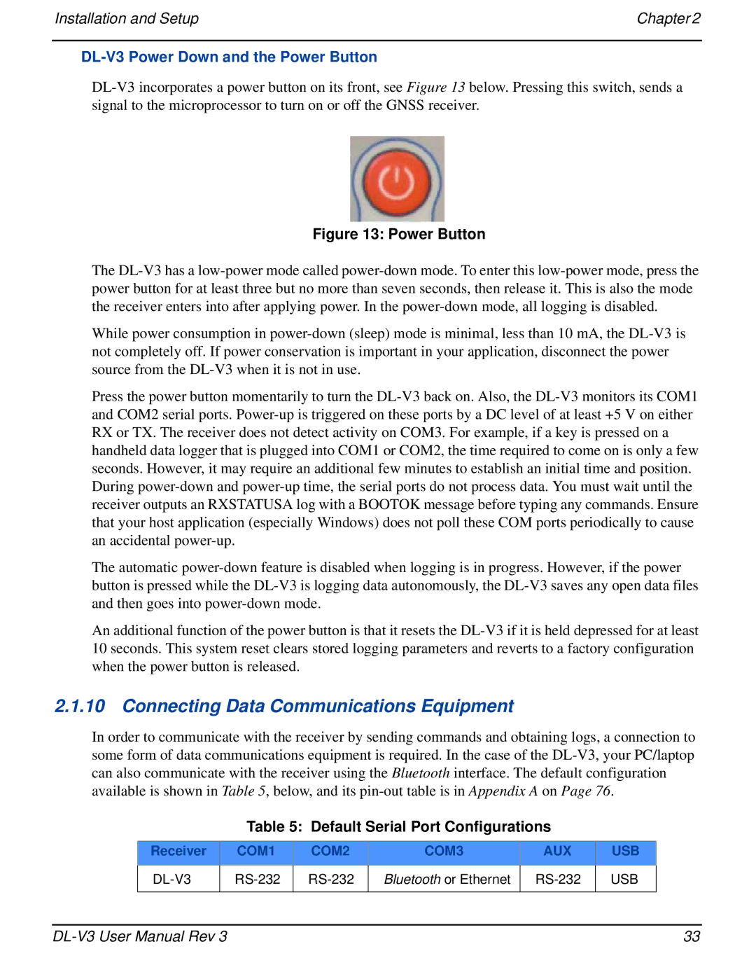 Novatel user manual Connecting Data Communications Equipment, DL-V3 Power Down and the Power Button, Receiver 