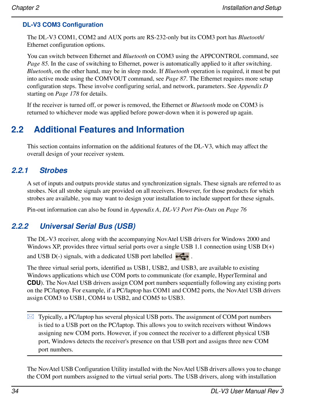 Novatel user manual Strobes, Universal Serial Bus USB, DL-V3 COM3 Configuration 