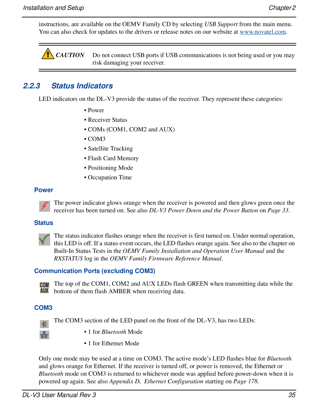 Novatel DL-V3 user manual Status Indicators, Power, Status Communication Ports excluding COM3 