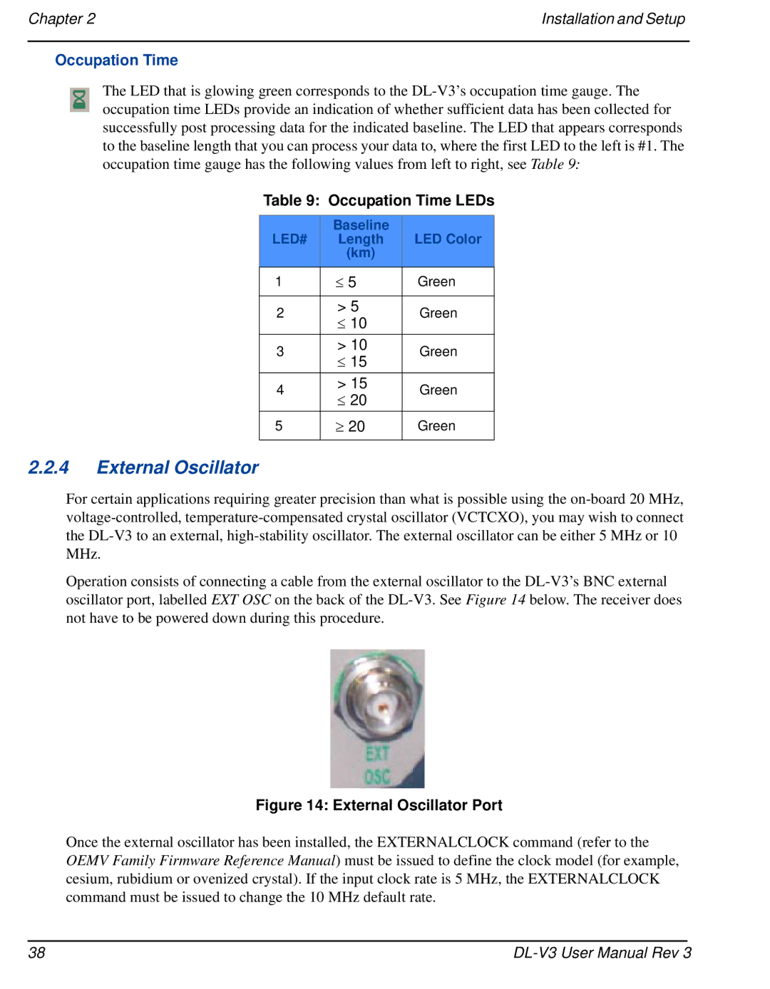 Novatel DL-V3 user manual External Oscillator, Occupation Time LEDs, Baseline Length LED Color 