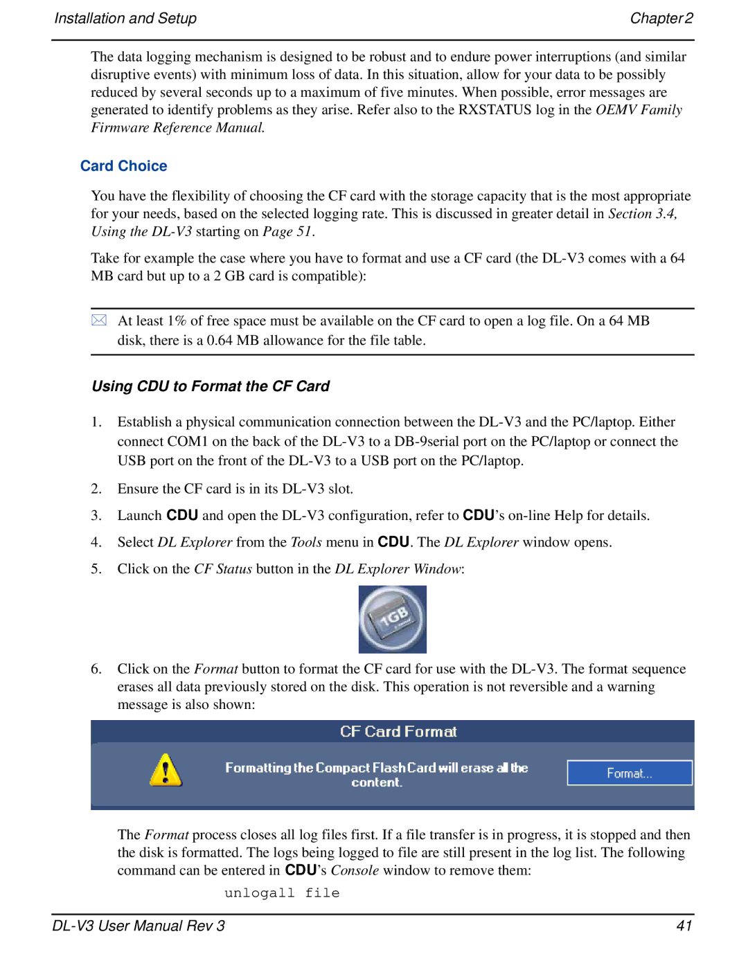 Novatel DL-V3 user manual Card Choice, Using CDU to Format the CF Card 