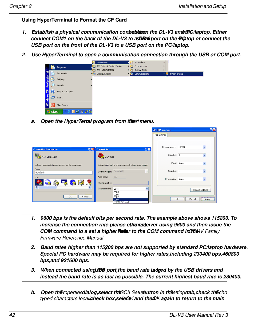 Novatel DL-V3 user manual Using HyperTerminal to Format the CF Card 