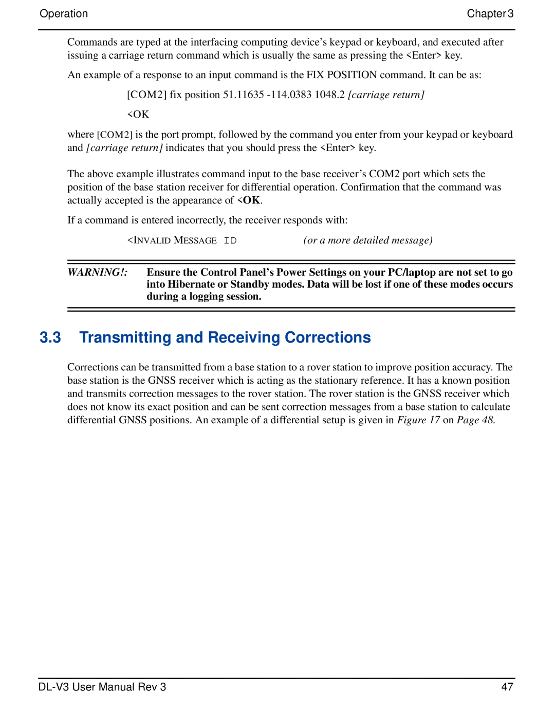 Novatel DL-V3 user manual Transmitting and Receiving Corrections 