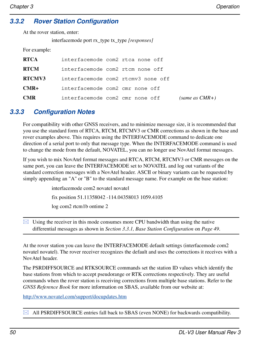 Novatel DL-V3 user manual Rover Station Configuration, Configuration Notes 