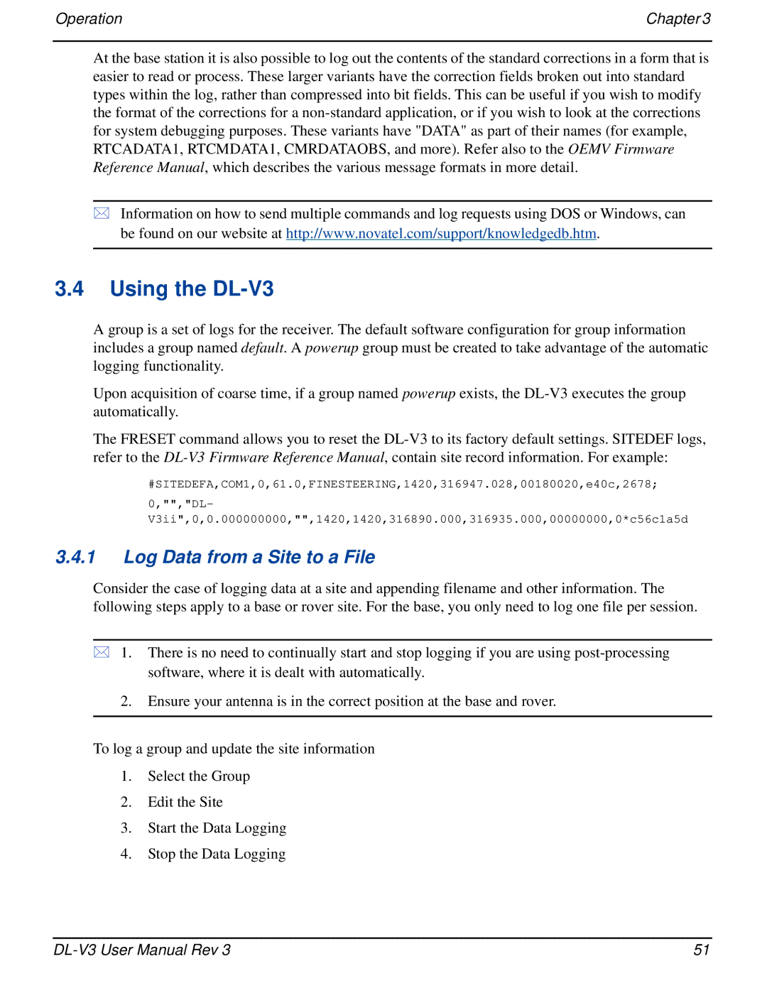 Novatel user manual Using the DL-V3, Log Data from a Site to a File 