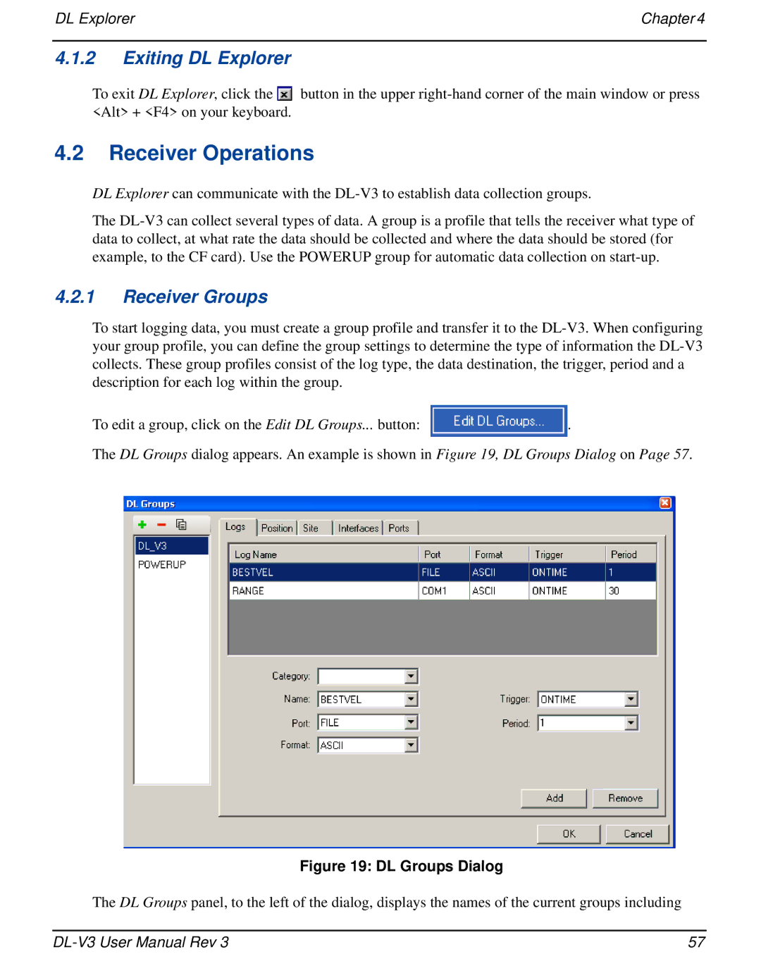 Novatel DL-V3 user manual Exiting DL Explorer, Receiver Groups, DL Explorer Chapter 