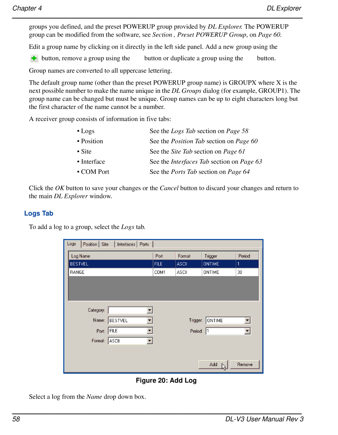 Novatel DL-V3 user manual Chapter DL Explorer, Logs Tab 