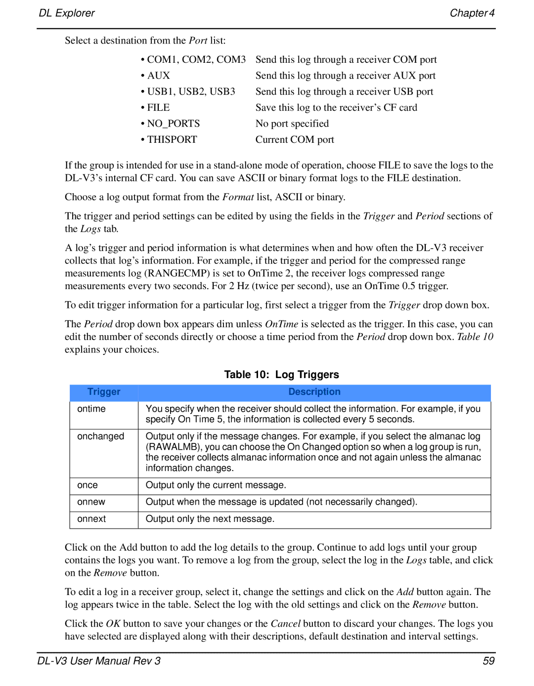 Novatel DL-V3 user manual Log Triggers, Trigger Description 