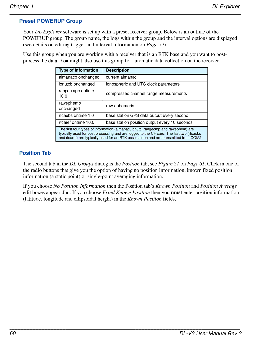 Novatel DL-V3 user manual Preset Powerup Group, Position Tab 