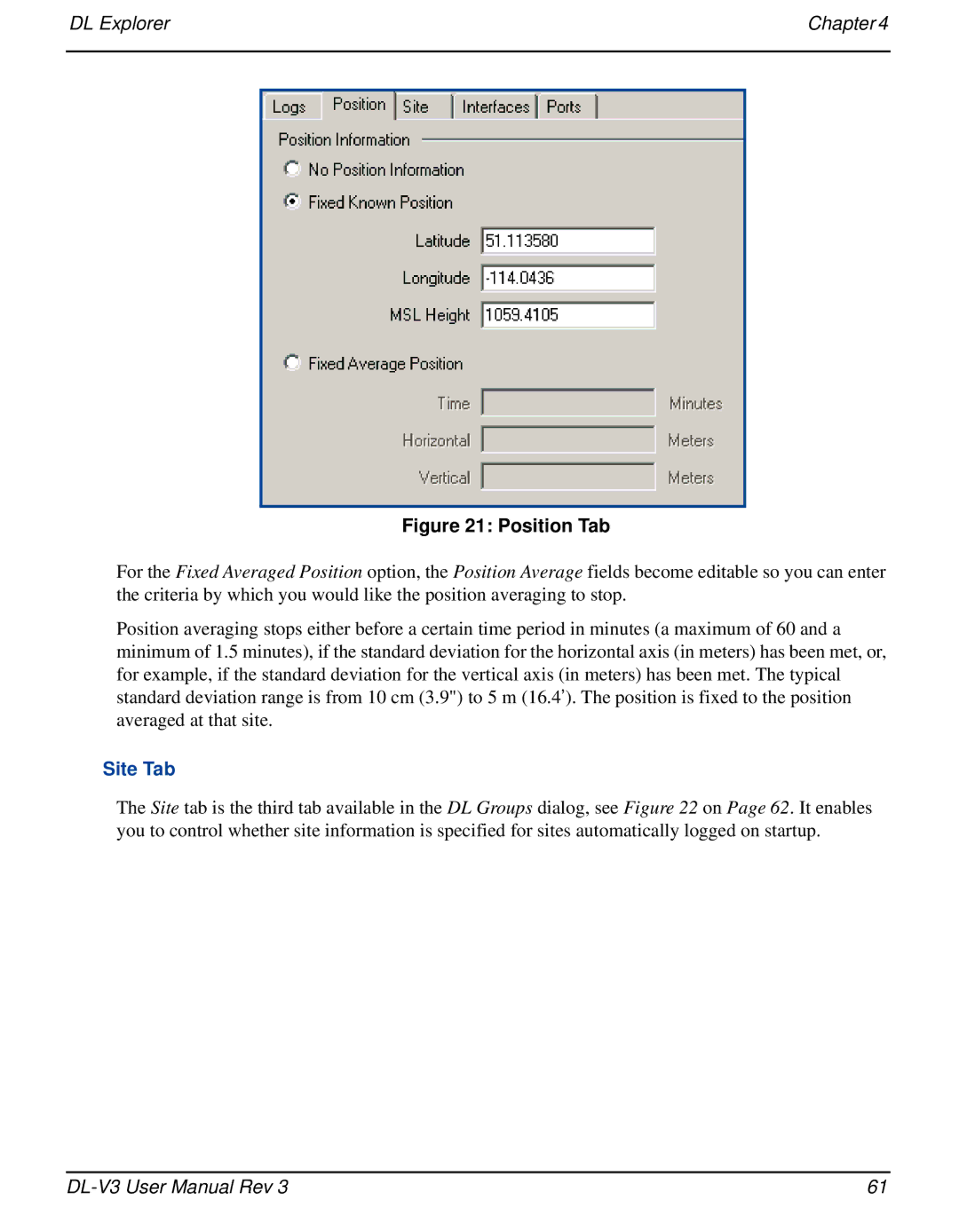 Novatel DL-V3 user manual Position Tab, Site Tab 