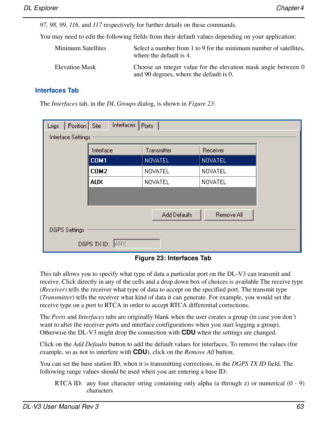 Novatel DL-V3 user manual Interfaces Tab 